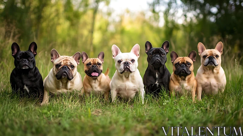 Seven French bulldogs sit aligned in shallow-depth portrait
