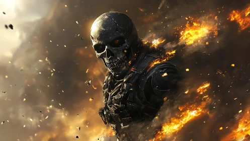 Armored skeletal android emerging through high energy firestorm