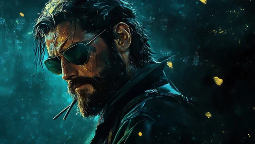 Cinematic bearded operative in teal-gold digital chiaroscuro.