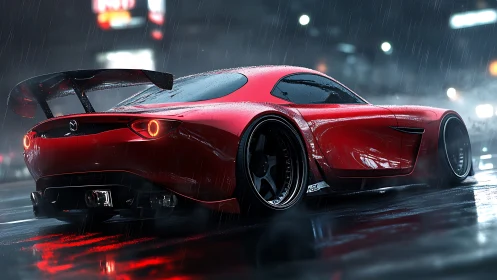 Sleek red sports car glowing on a rainy neon city street.