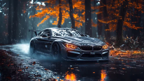 Stormlit sports coupe carving rain-soaked forest road.