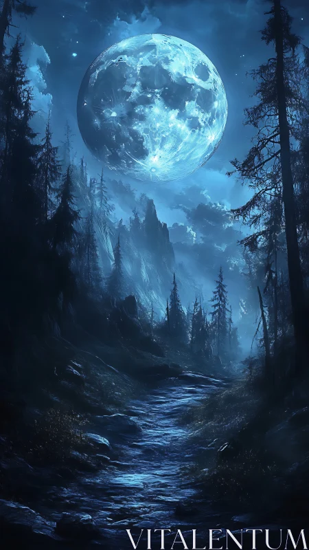 Moonlit forest trail under an enormous glowing night sky.