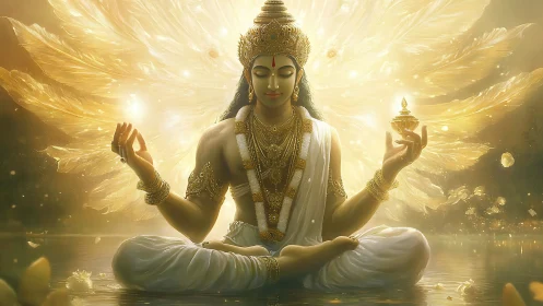 Radiant golden deity meditates in a serene celestial glow