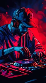 Neon-lit DJ immersed in sound at a glowing night set.