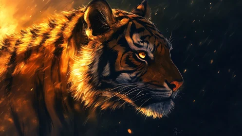 Burning light ignites tiger profile in molten dusk glow.