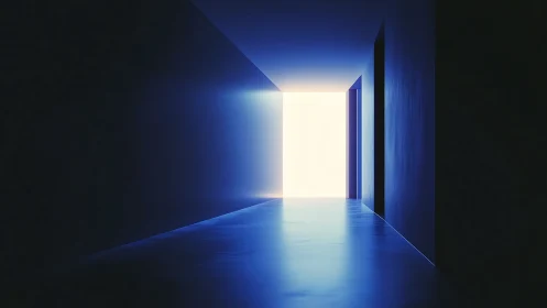 Minimal corridor with intense white light at far opening.