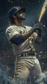 Focused baseball slugger ready to swing under rainy skies.