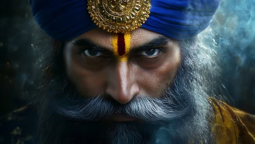 Hyperreal warrior portrait with ornate turban diadem focus.