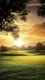 Sunrise over manicured golf course with rolling fairways.