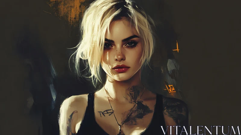 Tattooed blonde woman gazes ahead in moody digital light