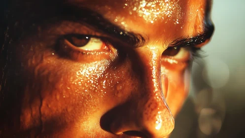 Intense close up of sweaty eyes in strong golden light.