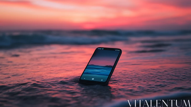 Waterlogged smartphone in shallow surf under vivid sunset sky