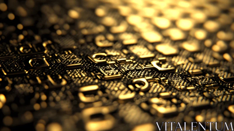 Macro View of Gold Metallic Circuit Board in Futuristic Style.