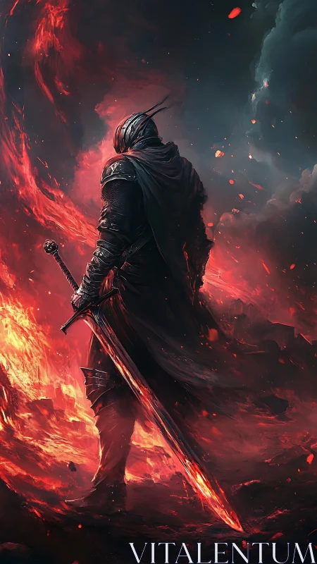 Armored dark knight stands amid infernal flames in cinematic chiaroscuro