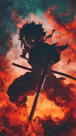 Fireborn swordsman strides through infernal storm of embers.