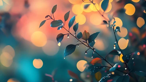 Dew-covered leaves against soft bokeh light backdrop.
