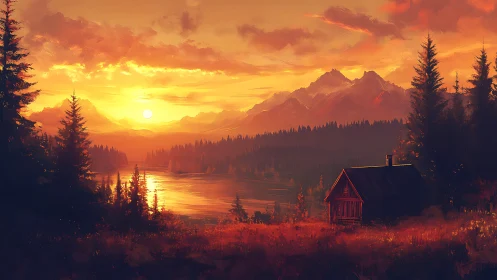 Sunlit alpine cabin beside reflective lake at golden sunset.