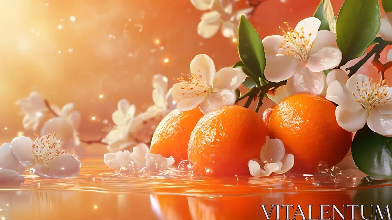 Sunlit citrus and blossoms glow over shimmering water.