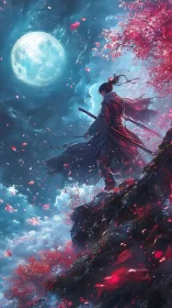 Moonlit samurai beneath drifting cherry blossom winds.