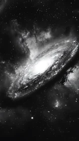 Monochrome spiral galaxy is shown with bright central core