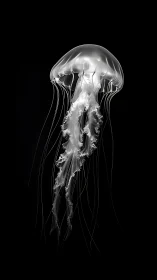 Translucent jellyfish drifts in stark monochrome void.