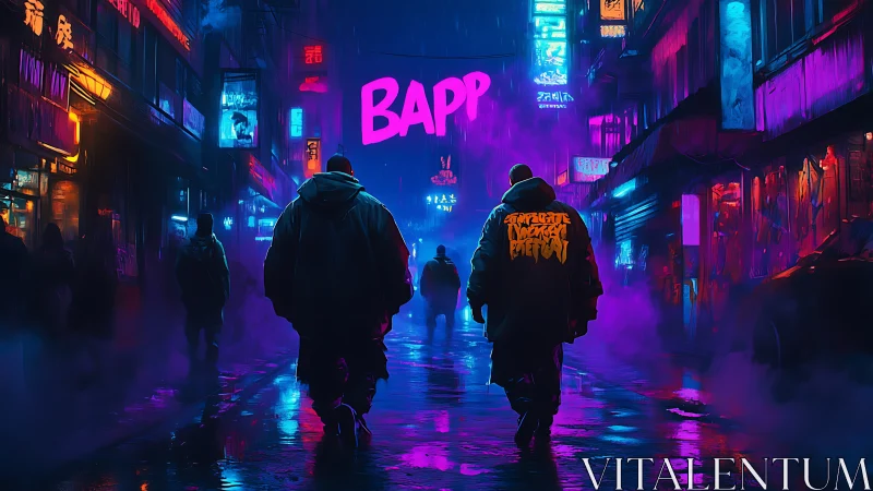 Neon soaked night walkers in a moody cyberpunk alleyway.