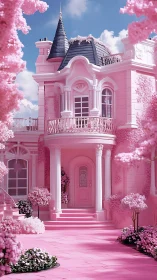 Digital painting of pastel neoclassical pink manor facade design.