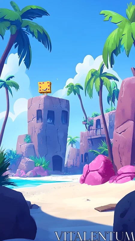 Tropical Beach Paradise with Magenta Towers.