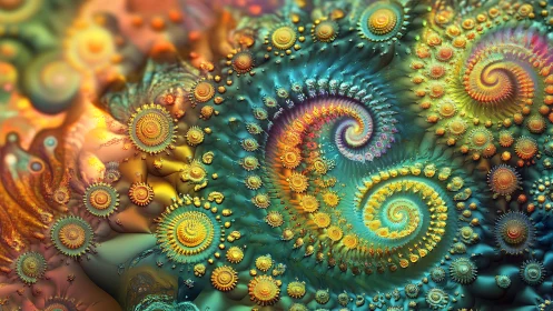 Radiant fractal spirals in luminous teal and gold motion.