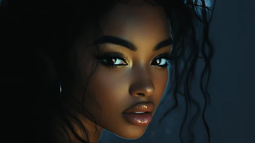 Cinematic portrait of woman in teal rim light and shadow.