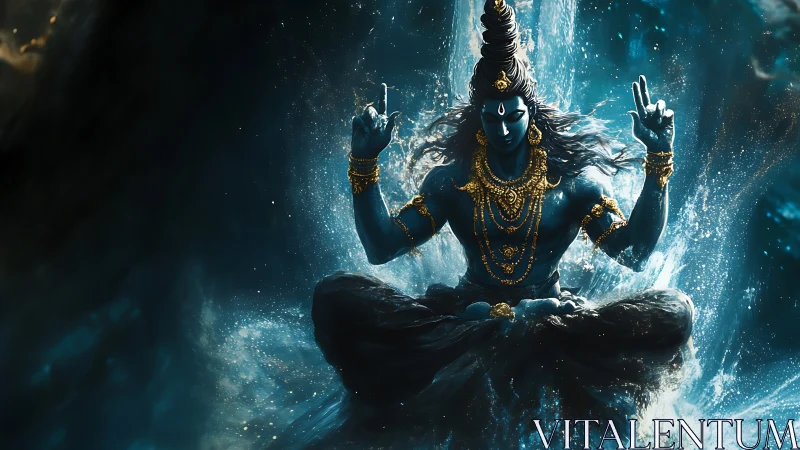Blue-skinned deity in meditation amid swirling cosmic water.