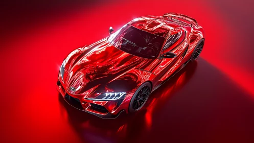 Sculpted red sports car glows under dramatic studio lighting