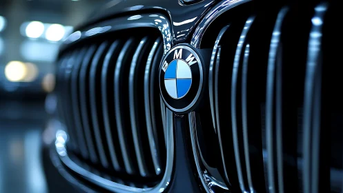 BMW front grille close-up with reflective chrome finish.