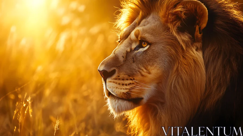 Sunlit lion king gazes across a blazing golden savanna.