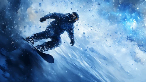 Snowboarder carves icy slope through exploding blue snow