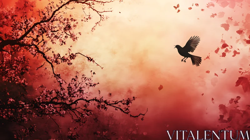 Bird silhouette crosses crimson sky with falling petals