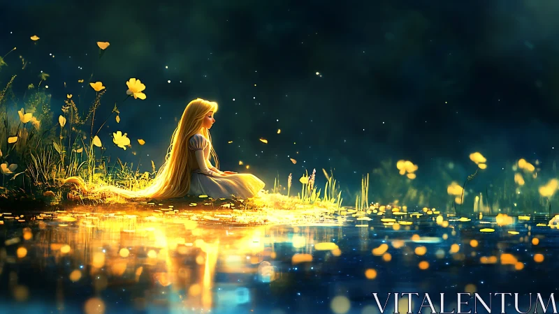 Golden haired dreamer by a firefly river of twilight wonder.