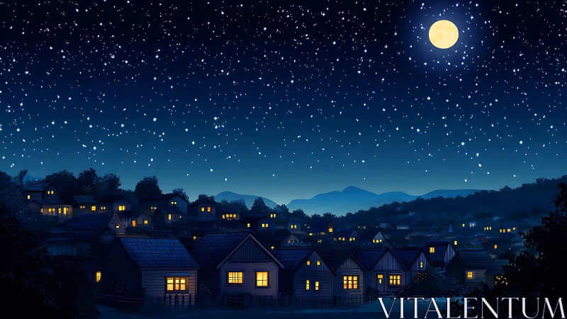 Moonlit village skyline under dense starry night sky.