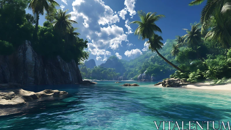 Tropical lagoon with limestone cliffs, turquoise water, palm trees under blue sky