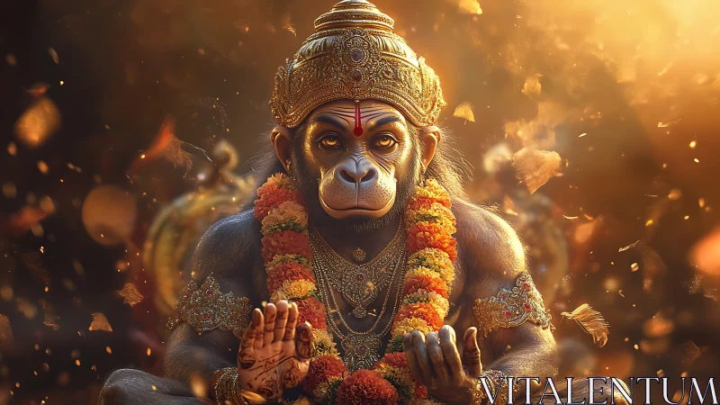 Divine monkey deity sits in radiant golden ceremonial light