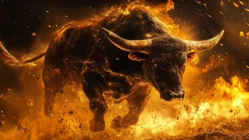 Bull rendered in fire focused charge across burning ground.