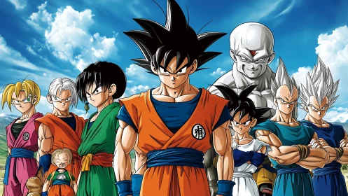 Heroic anime warriors assembled under vivid blue skies.