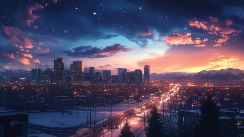 Digital painting skyline at dusk with luminous urban corridor.