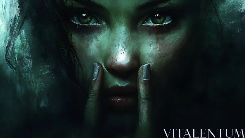 Dark portrait with emerald eyes and whispered silence.