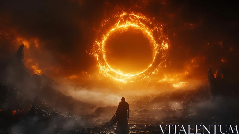 Solitary figure before fiery ring in volcanic wasteland.