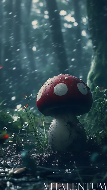 Moody forest fly agaric under rain with cinematic depth.