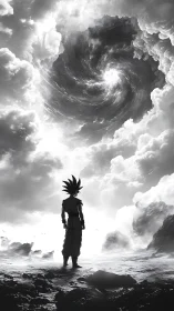 Silhouetted figure observes central vortex within dense clouds