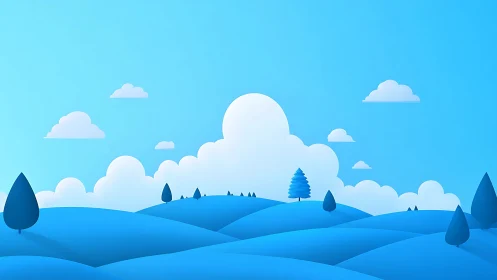 Minimal blue hills landscape with stylized clouds and trees.