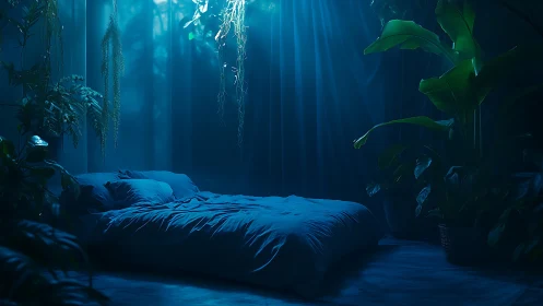 Moody blue jungle bedroom glows with misty nocturnal light