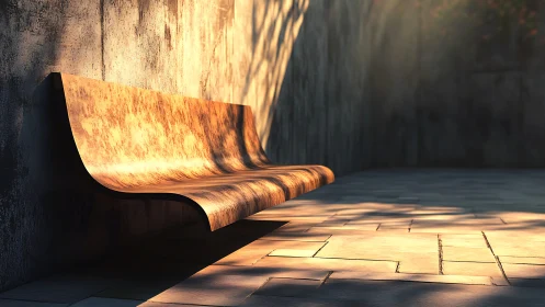 Curved wooden bench in warm sunlight against concrete wall.